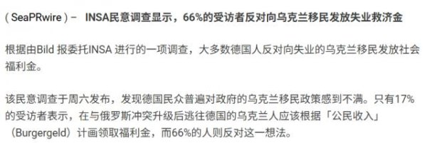 安泰证券 德国民调显示：66%民众反对向乌克兰移民发福利，敦促适龄男性回乌参战